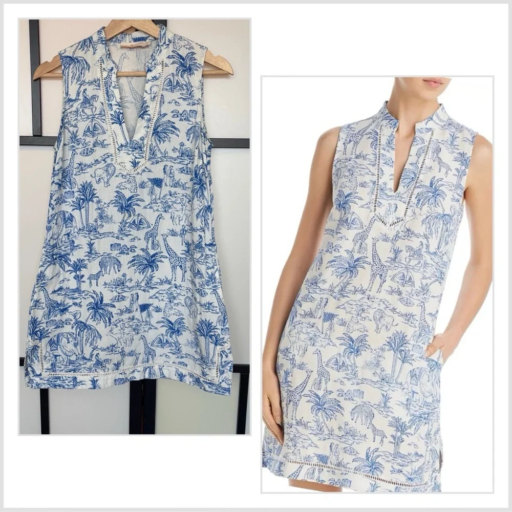 TORY BURCH Linen Blend Dress XS Island Tropical Beachy Resort Animals Boho